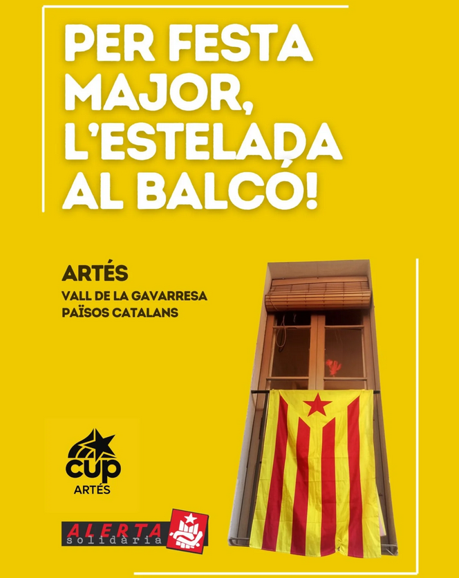 🔥Arrenca la festa major d'Artés i enguany hi som presents, malauradament, perquè l'<a href="/AjuntamentArtes/">Ajuntament d'Artés</a> ha volgut imposar dues multes a un company de la <a href="/cupartes/">CUP Artés</a> per penjar l'estelada. Vergonya!

La nostra resposta: omplim Artés d'estelades!
#independència #socialisme #feminisme