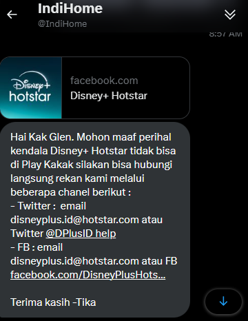 GECTM's tweet photo. @DPlusID_Help Hi, tadi saya sudah menghubungi indihome via X @IndiHome, dan mereka suggest agar menghubungi pihak Disney+ ID https://t.co/uNj7AouKR7