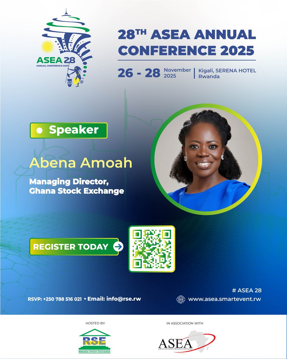#ASEA2025 Annual Conference is around the corner!  Get to know the exceptional lineup of thought leaders/speakers who will be sharing insights and shaping conversations on the future of African capital markets

Abena Amoah serves as the Managing Director of the Ghana Stock
