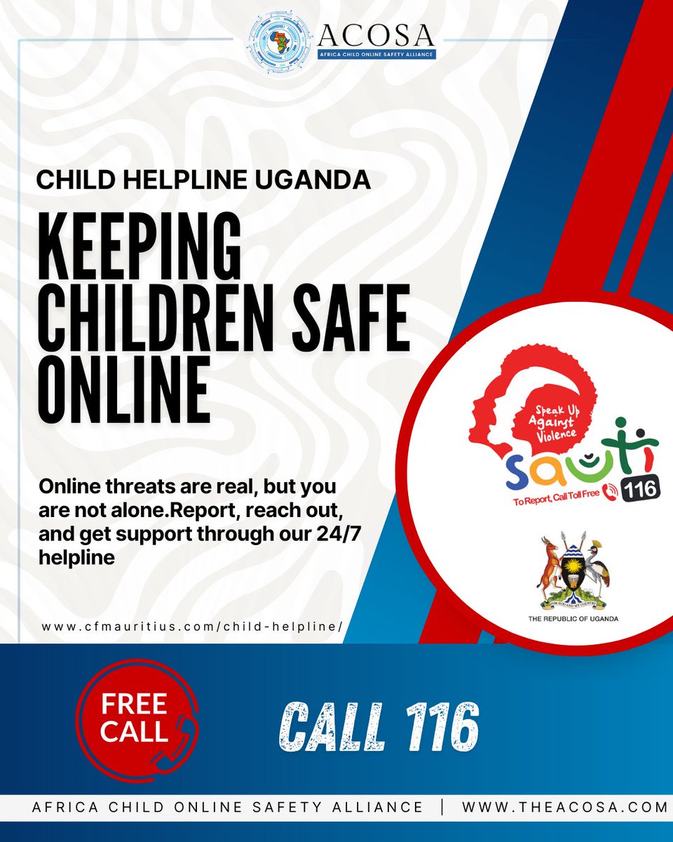 ACOSAllianc's tweet image. #HelpIsHere
#Uganda

A safe internet begins with knowing where to get help.

👉 Call: 116 (Free to Call) 
sauti.mglsd.go.ug
@sauti116 

Save it today, it could save a child tomorrow. 

#ChildonlineProtection #AfricaChildOnlineSafetyAlliance