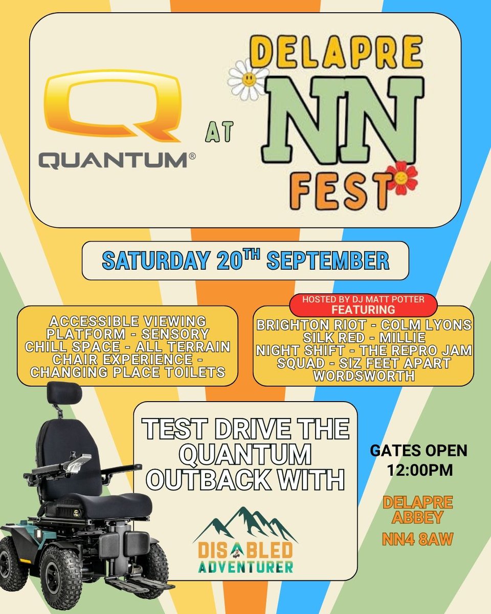 Quantum is heading to NN Fest at Delapré Abbey! We'll be there with the Quantum Outback. Book a test drive and see just what the Outback can do!

💥 Admission is FREE for all mobility chair demo guests.

Secure your spot: eventbrite.co.uk/e/163146683421… 

#QuantumOutback #AccessOutdoors