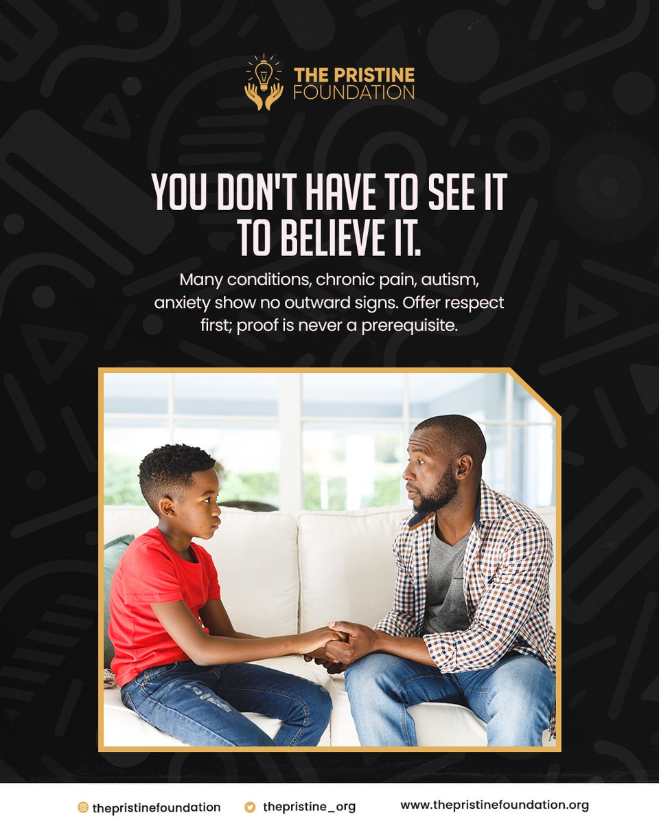The Pristine Foundation (@thepristine_org) on Twitter photo Not every condition is visible to the eye. Respect, compassion, and understanding should never require “proof.” 
 Let’s remember: you don’t have to see it to believe it. 
#InvisibleDisabilities #AutismAcceptance #EndStigma #ChooseCompassion #PristineFoundation Not every condition is visible to the eye. Respect, compassion, and understanding should never require “proof.” 
 Let’s remember: you don’t have to see it to believe it. 
#InvisibleDisabilities #AutismAcceptance #EndStigma #ChooseCompassion #PristineFoundation