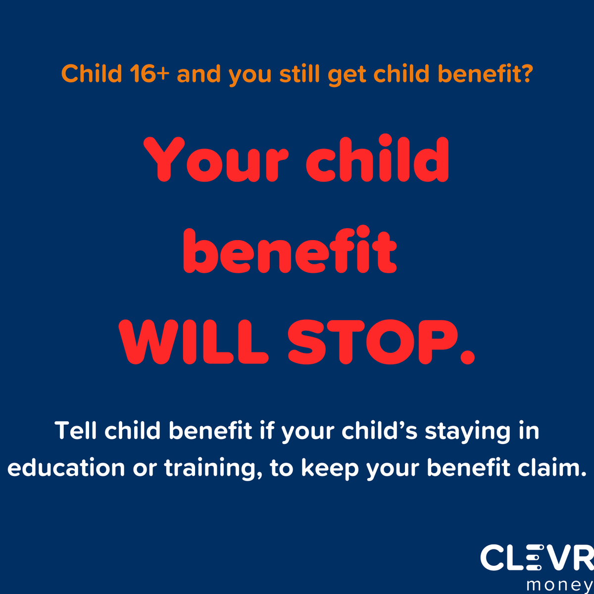 CLEVR_Money's tweet photo. ❗Child staying in further education/training? Your Child Benefit WILL STOP if you haven't let them know❗ Keep your claim by updating them online 👉 https://t.co/QdT9xJVHwl https://t.co/VCelxHGZ9H