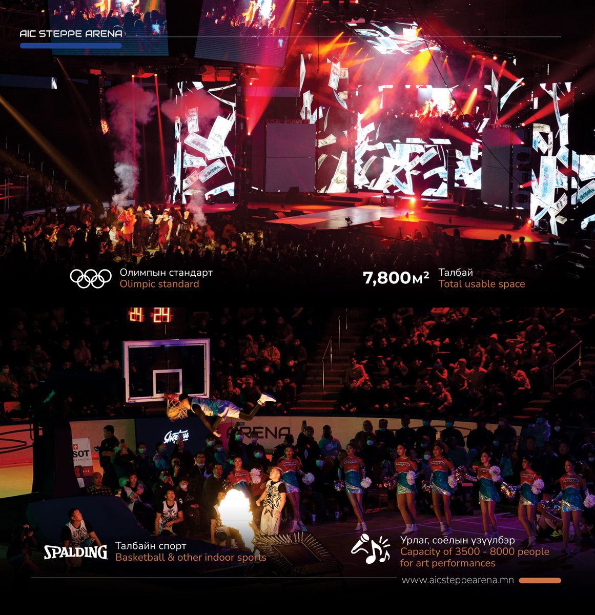 🔍ТА ҮҮНИЙГ МЭДЭХ ҮҮ? 🔍
Манай байгууламжийн хүчин чадлаас дурдвал:
🏟 Суудлын тоо: 2672 хүн 
🏟Босоо хүлээн авалтаар: 6000 хүн 
🏟Шинэ жилийн хүлээн авалт: 1500 хүн 
🏟Голын талбайд 3500-8000 хүн багтах боломжтой. 
🚗🛻Автомашины зогсоол: 1000