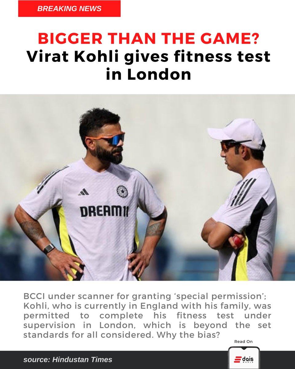 world_dais's tweet photo. BIGGER THAN THE GAME?
#ViratKohli gives fitness test in #London and raises questions about double standards of #BCCI again.

#NoShakeCam #AwesomeIsForEveryone #CricketPlayedLouder #CricketNews #yoyotest https://t.co/6KNe7kCc1x