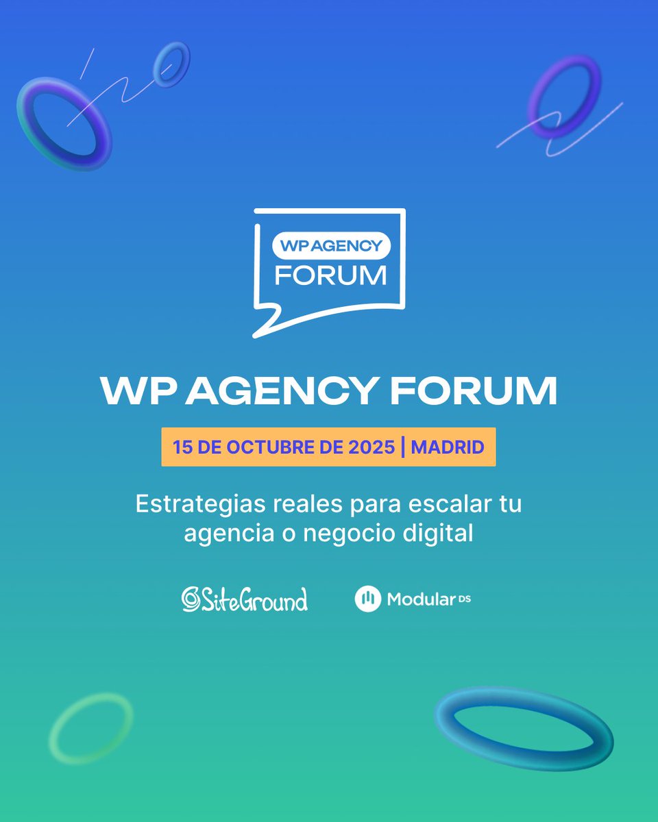 ModularDS's tweet image. Nos hemos aliado con @SiteGround_ES para organizar algo muy especial:
WP Agency Forum 🚀
Un nuevo evento para agencias de WordPress donde compartiremos estrategias y casos reales para crecer y escalar negocios. Además de mucho networking.
🗓️ 15 de octubre
📍 Madrid y online