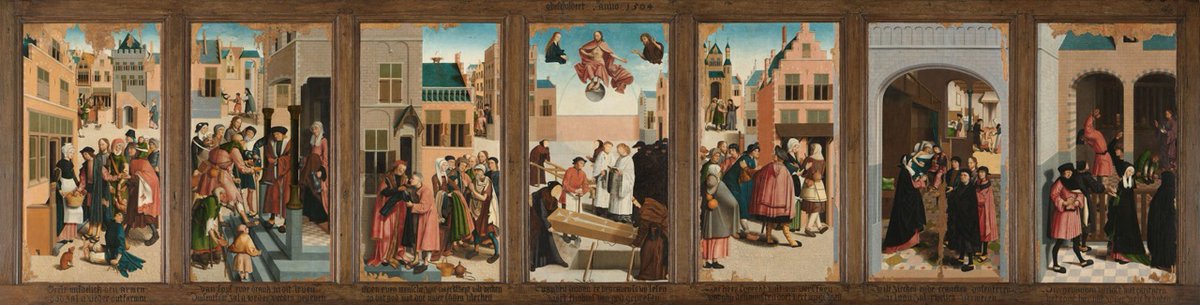 MvMAmsterdam's tweet photo. Rijmpje van de vijftiende-eeuwse dichter Anthonis de Roovere uit Brugge, over de zeven werken van barmhartigheid:

Secourst / Spijst / Laeft / Lost uut noode /
Herbercht / Cleedt / Begraeft de doode.

Op het schilderij zijn de zeven werken afgebeeld. https://t.co/TWWvI651jY