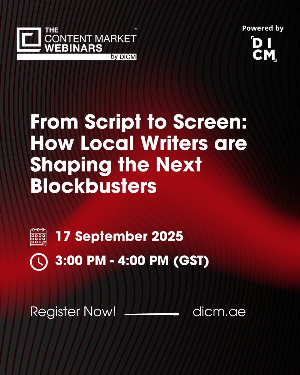 Mark your calendar on Wednesday, 17 September, 2025 for our next webinar “From Script to Screen: How Local Writers are Shaping the Next Blockbusters”.

Register Now and attend on 17 September, 2025,  3 PM (GMT+4).

online.index.ae/event?event=YQ…
#DICM2025 #webinars #TV #content #trends