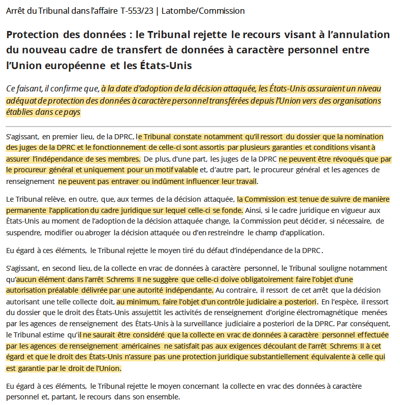 N_Hervieu's tweet photo. Données personnelles : Le Tribunal de l'Union rejette le recours de @PLatombe contre le nouveau cadre de transfert de données entre Union &amp; États-Unis.

Car des garanties suffisantes existeraient.

Dont l'obligation pour la @EU_Commission de surveiller l'évolution aux Etats-Unis. https://t.co/0aTfKqJPKv