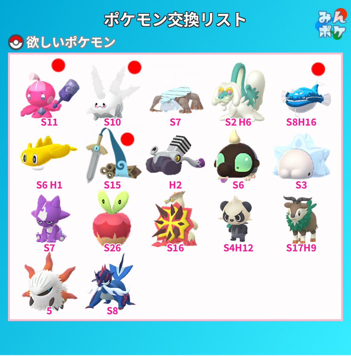 本日9/3大宮or川越で交換可能な方いましたらDMお願いします🙌

リスト作ってませんが、伝説1交換も可能です

赤丸付いてるポケモンを特に希望してます。

よろしくお願いします🙇🏻

 #ポケモンGO交換
#ポケモンGO交換募集