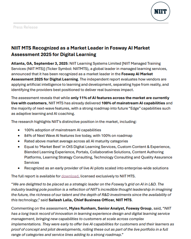 IndianStockEco's tweet image. 🚨NIIT Learning Systems:
👉#NIIT MTS Recognized as a Market Leader in Fosway AI Market Assessment 2025 for Digital Learning
#NIITLearning #StocksInFocus #StocksToWatch #stockmarketnews #stockmarketsindia #nifty