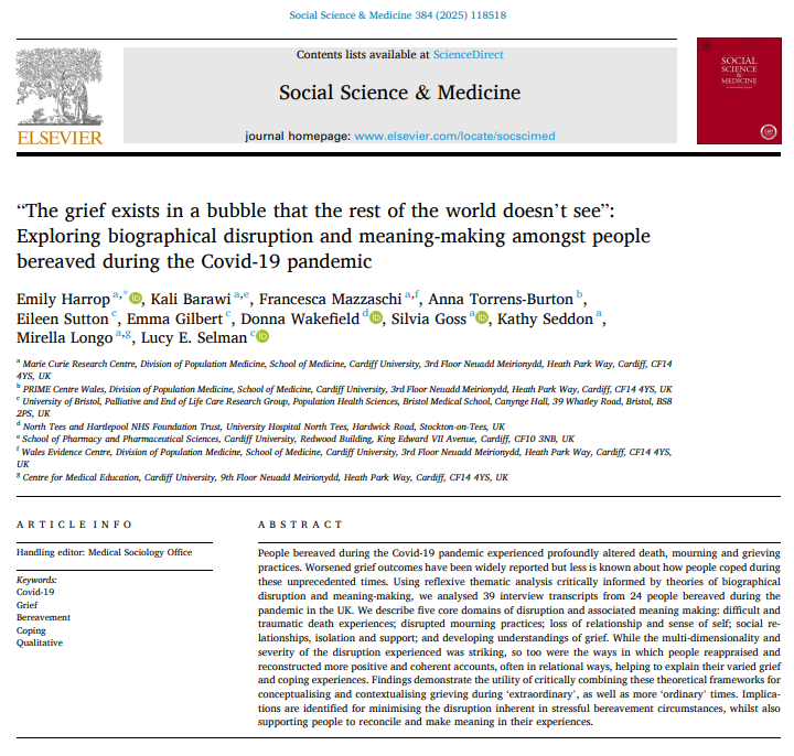 📢New paper now out in Social Science &amp; Medicine: “The grief exists in a bubble that the rest of the world doesn’t see”: Exploring biographical disruption and meaning-making amongst people bereaved during the Covid-19 pandemic sciencedirect.com/science/articl…