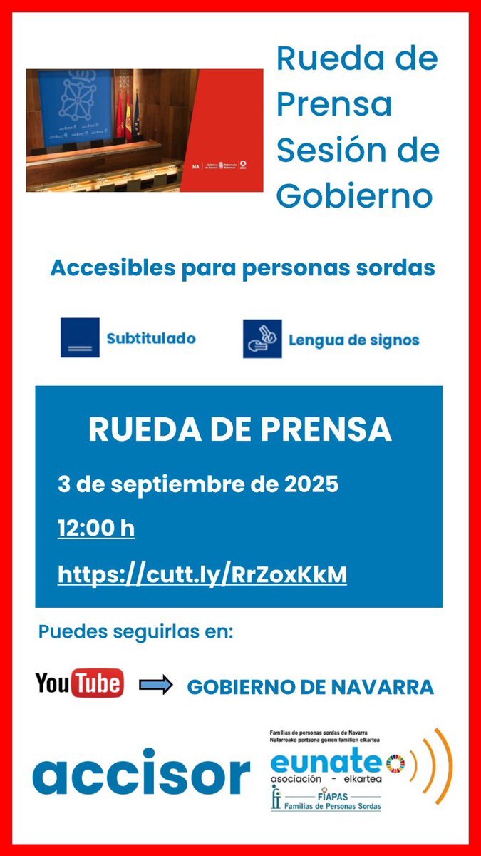 Rueda de prensa posterior a la Sesión de <a href="/gob_na/">Gobierno de Navarra</a> accesible para personas sordas. 

A las 12:00 en el canal YouTube de Gobierno de Navarra / Nafarroako Gobernua

➡️ cutt.ly/RrZoxKkM