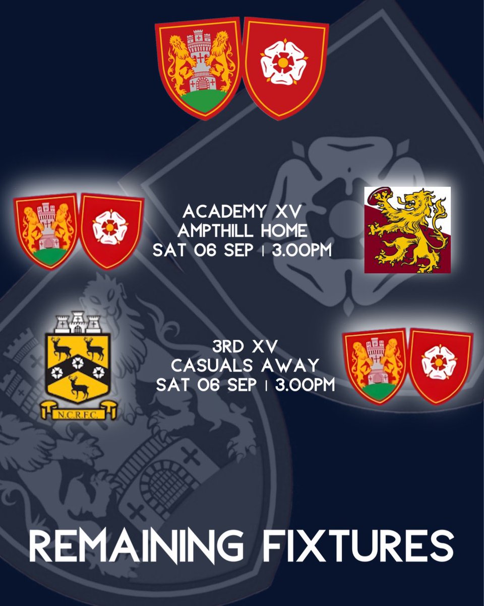 Check out the remaining fixtures for this Saturday!

The Academy are set to host <a href="/AmpthillRufc/">Ampthill Rugby</a> at Billing Road whilst the 3’s take the short trip down the road to face <a href="/CasualsRFC/">Northampton Casuals</a> 

Good luck to all our sides in action this weekend.

🔴🟡🔵