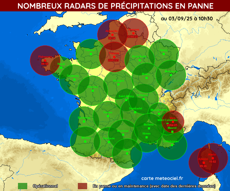 🔴 À 10h30, 7 radars de <a href="/meteofrance/">Météo-France</a> sont en panne, dont 4 dans le nord où des orages forts (avec risque de tornade) sont prévus ce jour. Le radar de Trappes est HS depuis janvier ! Cette situation dégrade le suivi et l'information aux populations. <a href="/AgnesRunacher/">Agnès Pannier-Runacher 🇫🇷🇪🇺</a> <a href="/Ecologie_Gouv/">Ministères Territoires Écologie</a>
