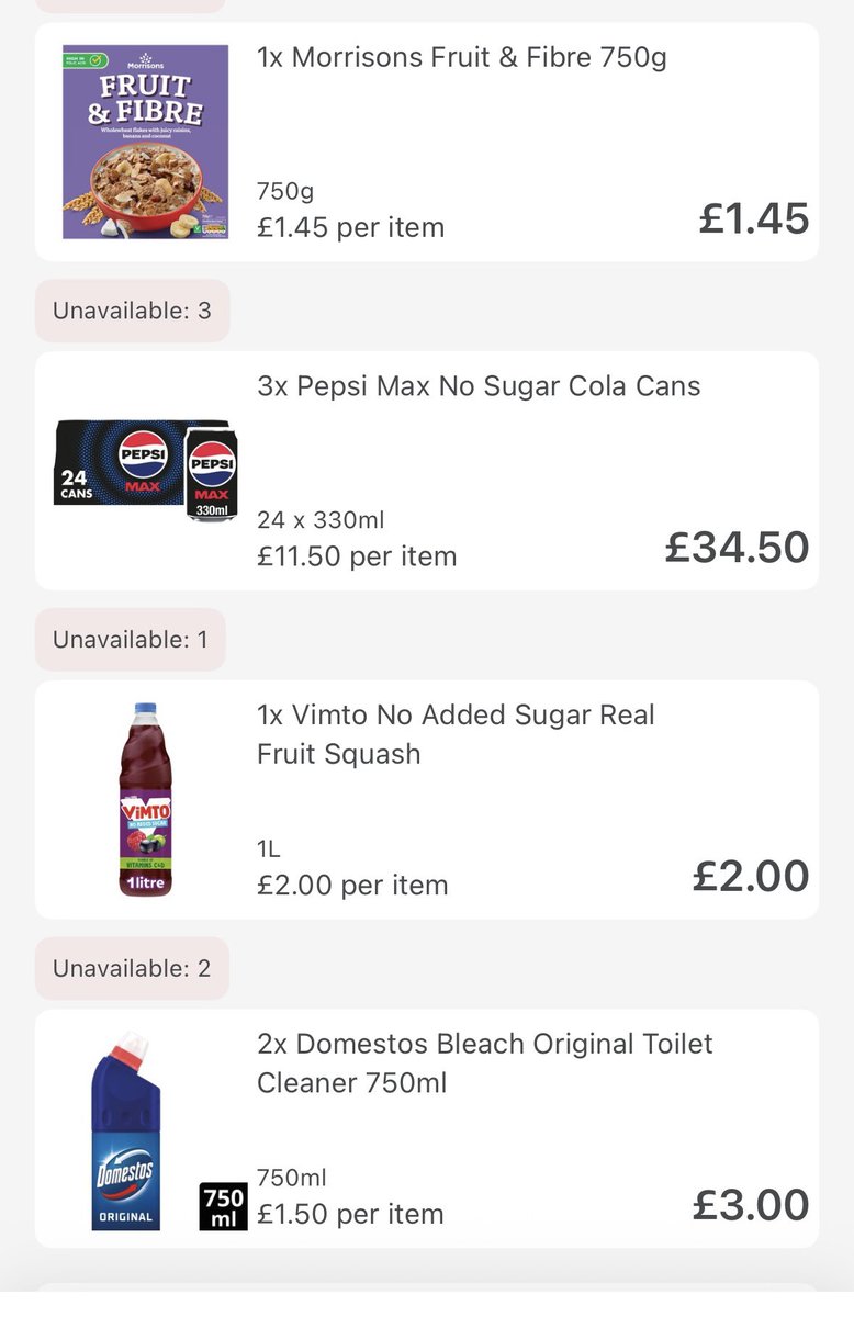 Very very poor service <a href="/Morrisons/">Morrisons</a> nearly half the items I ordered missing/unavailable and the delivery is an hour late