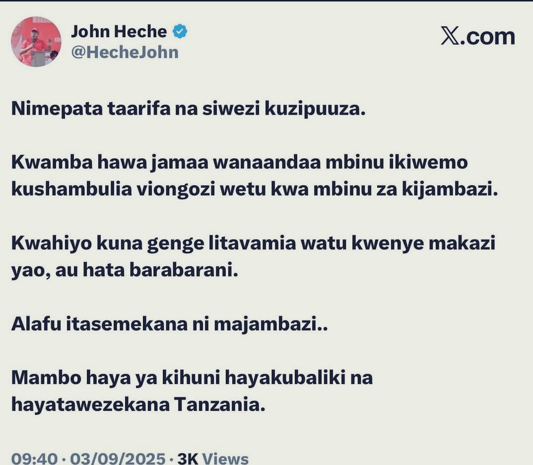 CDM hawashiriki uchaguzi,

Si mkomae na Chaumma kwa kujibu sera za ubwabwa! <a href="/HecheJohn/">John Heche</a> <a href="/TunduALissu/">Tundu Antiphas Lissu</a>