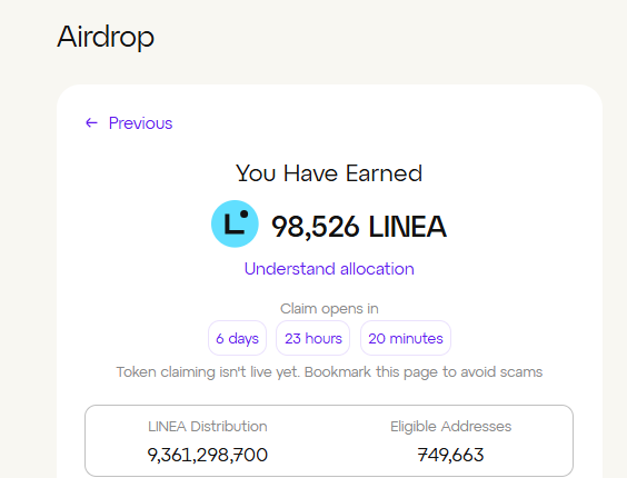 Cuối cùng ngày này cũng đến.
Check #airdrop <a href="/LineaBuild/">Linea.eth</a> nhé anh em!

Thin được 98k $LINEA 
Giá hiện tại 0.0328$ nên chỗ này được 3200$ gì đó nhé

Link đây:
linea.build/hub/airdrop

Claim mở sau 6 ngày nữa, hihi
