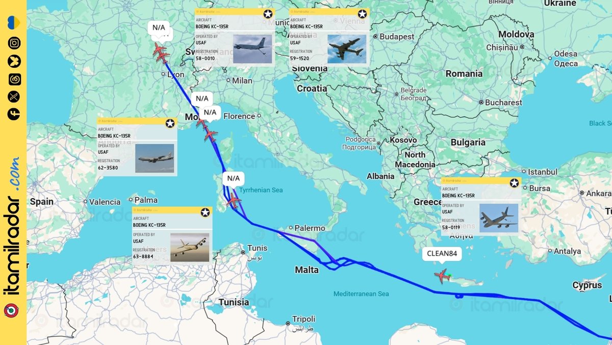USAF F-35s that took off from Al Udeid Air Base are returning home together with at least six supporting KC-135Rs, with the next stop being RAF Mildenhall / RAF Lakenheath