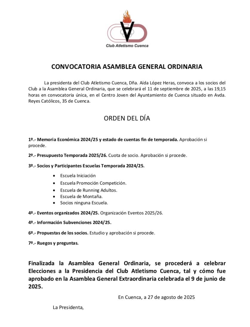 Celebraremos nuestra Asamblea Ordinaria anual el próximo 11 de septiembre. Os esperamos. 
clubatletismocuenca.com/cac3/index.php…