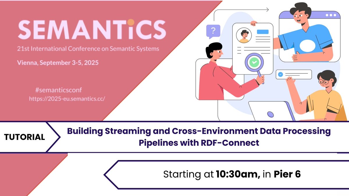 SemanticsConf's tweet image. Tutorial at #SemanticsConf
RDF-Connect chaired by Leben Smessaert, Arthur Vercruysse, Julián Rojas, and Pieter Colpaert teaches language-agnostic streaming pipelines for KGs &amp;amp; ML systems. Build a real-world data pipeline &amp;amp; explore provenance tracking with RDF/PROV-O.
#SEMANTiCS