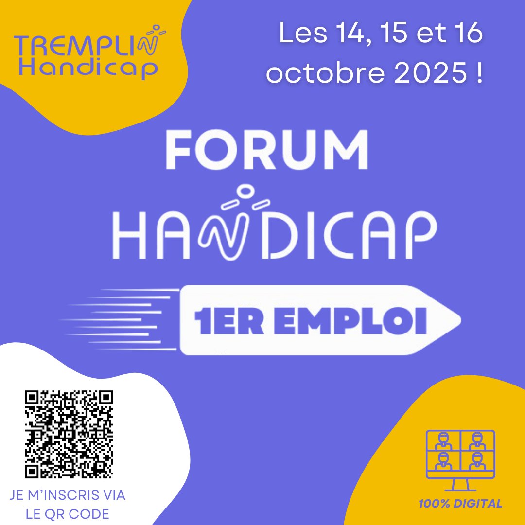 TREMPLIN HANDICAP (@tremplin_handi) on Twitter photo 🎓 Jeune diplômé, en situation de #handicap ?
 💡 On a un forum 100% digital fait pour toi !
 🤝 Objectif : décrocher ton premier #emploi
 📍 Inscris toi avant le 19/09, pour les 14, 15 et 16 octobre
 👉 Inscription ici : bit.ly/ForumHandicap1… 🎓 Jeune diplômé, en situation de #handicap ?
 💡 On a un forum 100% digital fait pour toi !
 🤝 Objectif : décrocher ton premier #emploi
 📍 Inscris toi avant le 19/09, pour les 14, 15 et 16 octobre
 👉 Inscription ici : bit.ly/ForumHandicap1…