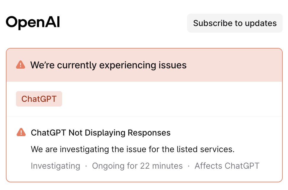 NotWeb3liveNews's tweet photo. Just In: ChatGPT Down Globally
OpenAI's AI chatbot ChatGPT is experiencing a widespread outage, with blank responses & no access reported worldwide since ~6:30 AM IST. Downdetector shows hundreds affected; OpenAI fixing it.
#OpenAIOutage stay tuned.. https://t.co/LI7eC0F4WV