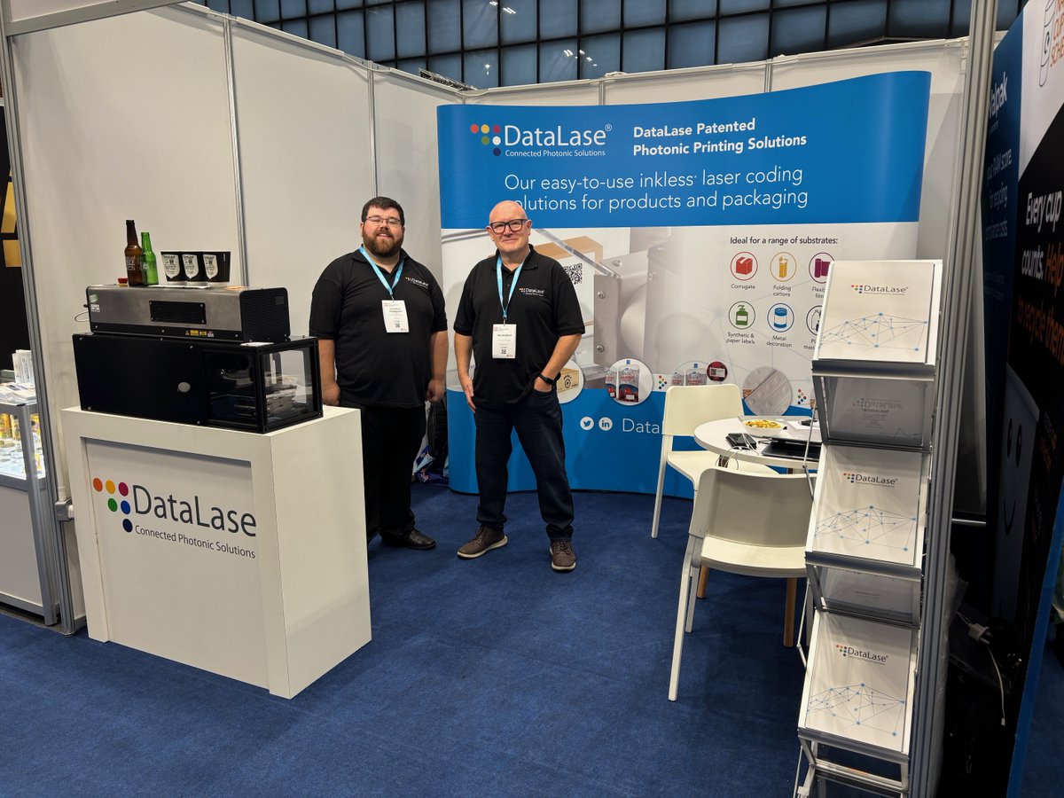 DataLase's tweet image. The doors are open UK Packaging Expo! Our team, Tim Bedford and Jonathan Snodgrass are on hand to discuss any of your laser coding or marking needs - drop by stand C36! #Livedemos #LaserMarking #LaserCoding #Packaging #Exhibitions