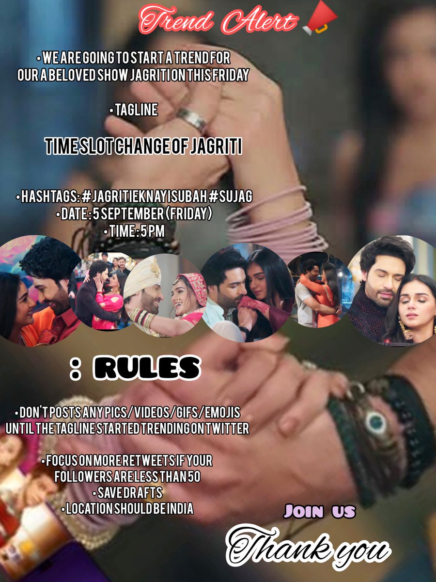 ⭐"Jagriti deserves the spotlight, let's trend for our show #jagritieknayisubah #sujag United we trend, United we win-save Jagriti's time slot!✨ #jagritieknayisubah"One show, one family, onetrend!❤️ Join us this Friday at 5 PM 💕#SuJag"🚀"Trend Alert!📢 Let's make noise for Jag