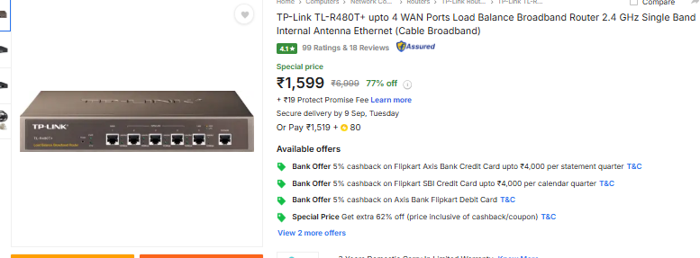 TechyBoostDeals's tweet image. P-Link TL-R480T+ Up to 4 WAN Ports Load Balance Broadband Router 2.4 GHz Single Band Internal Antenna Ethernet (Cable Broadband) @ ₹1,599

Buy link : fkrt.co/yHtfvc

#Flipkart #PLink #Electronics
