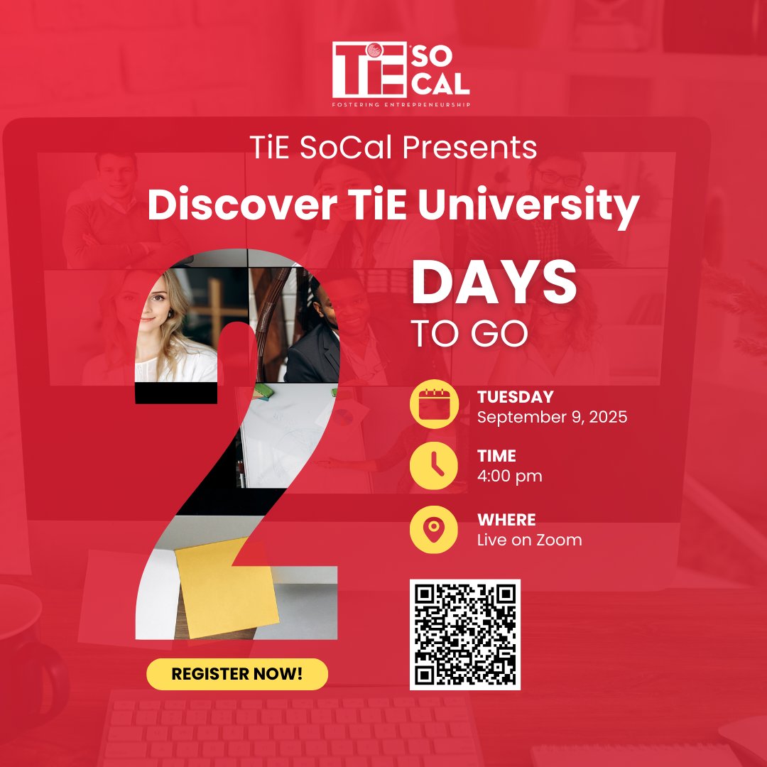 2 Days to Go!
Join us on Tuesday, September 9th at 4:00 PM PT (on Zoom) for an insightful discussion with leaders and mentors shaping the future of student innovation.

🔗 events.tie.org/TiE-SoCal-Pres…

#TiESoCal #TiEUniversity