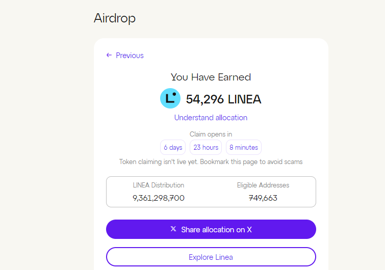 查 <a href="/LineaBuild/">Linea.eth</a> 空投，一共将近75万地址

应该是把LXP-L的份额也算进去了

linea.build/hub/airdrop