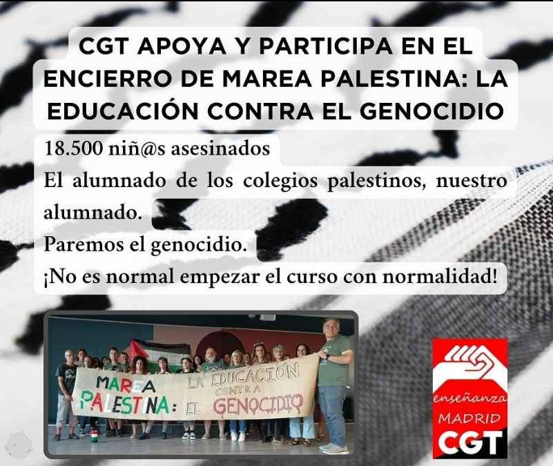 CGT's tweet image. Palestina |
🔴Desde ayer personas ligadas al mundo de la enseñanza están encerradas en el @cbamadrid contra #GazaGe
Como no podía ser de otra manera, @CGTMadrideduc también participa
Noticia relacionada: elsaltodiario.com/madrid/decenas…
#Gaza