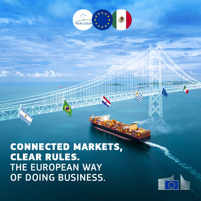 EU_Commission's tweet photo. 🇪🇺 🤝 🇦🇷 🇧🇷 🇺🇾 🇵🇾 🇲🇽 

Today, Europe moves forward with two major agreements – with Mercosur 🇦🇷🇧🇷🇺🇾🇵🇾 and Mexico 🇲🇽. 

Two strategic wins to strengthen and diversify ties that will boost EU exports, jobs, and growth ↓