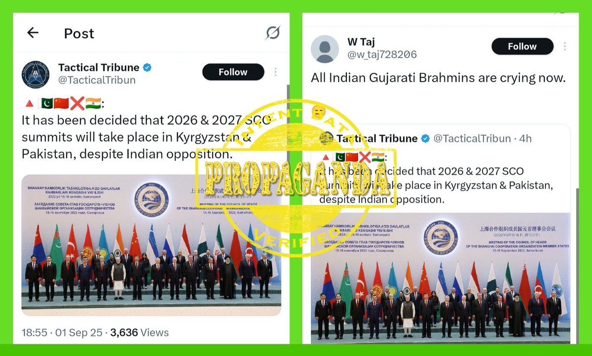 SakshiArora001's tweet photo. Ah yes,the SCO summits are now being "fixed" years in advance in WhatsApp groups and fantasy forums.
Nothing’s been finalized.
Just more disinfo dressed up as breaking news.
#FakeNews #DisinfoAlert #DefenceDiplomacy #PMShehbazDiplomacy #Punjab #Putin @sowmiyasid @IndiaUnleashed_ https://t.co/vEbuSJPDmL