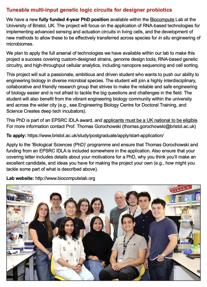 🚨I have a fully funded 4-year #PhD opportunity in my lab on 'Tuneable multi-input genetic logic circuits for designer probiotics'.🦠 We'll be throwing all the tech we have at this one to make reliable engineering of diverse microbes a reality. Applicants must be UK national...