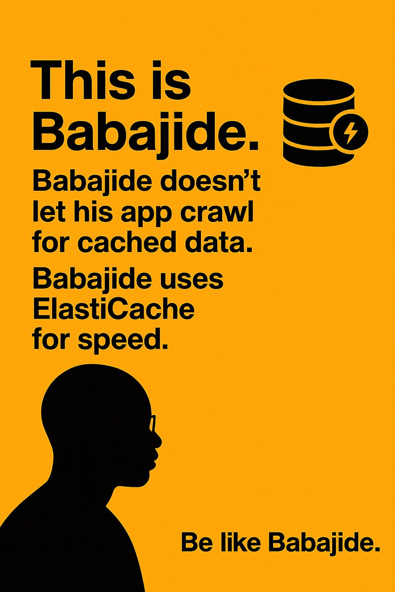 JayDeploy's tweet image. This is Babajide.
Babajide doesn’t let his app crawl for cached data.
Babajide uses Amazon ElastiCache for speed. 
Be like Babajide.

⚠️ Babajide knows every millisecond counts. Your customers know it too.

#AWS #ElastiCache #LowLatency #BeLikeBabajide #JayDeploy