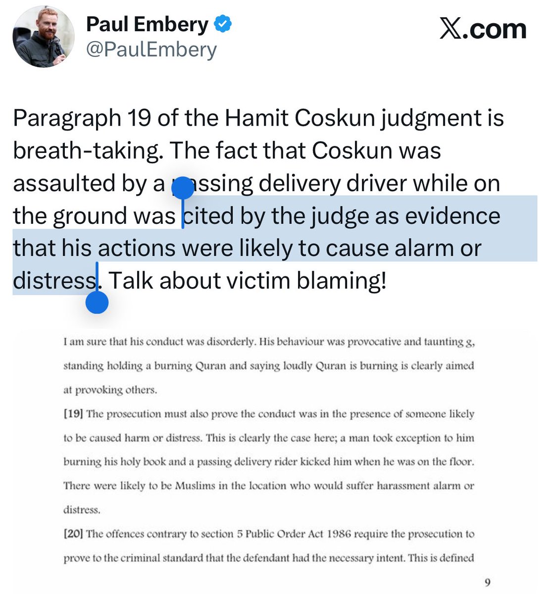 Exonerated barrister Jon Holbrook (@jonholb) on Twitter photo Two-tier justice regarding the relevance of civil disobedience in law:
β’ Epping protests against migrant hostel - irrelevant.
β’ Hamit Coskun burning a Koran - highly relevant.
<a href="/AllisonPearson/">Allison Pearson</a> <a href="/PaulEmbery/">Paul Embery</a> <a href="/SpeechUnion/">The Free Speech Union</a> Two-tier justice regarding the relevance of civil disobedience in law:
β’ Epping protests against migrant hostel - irrelevant.
β’ Hamit Coskun burning a Koran - highly relevant.
<a href="/AllisonPearson/">Allison Pearson</a> <a href="/PaulEmbery/">Paul Embery</a> <a href="/SpeechUnion/">The Free Speech Union</a>