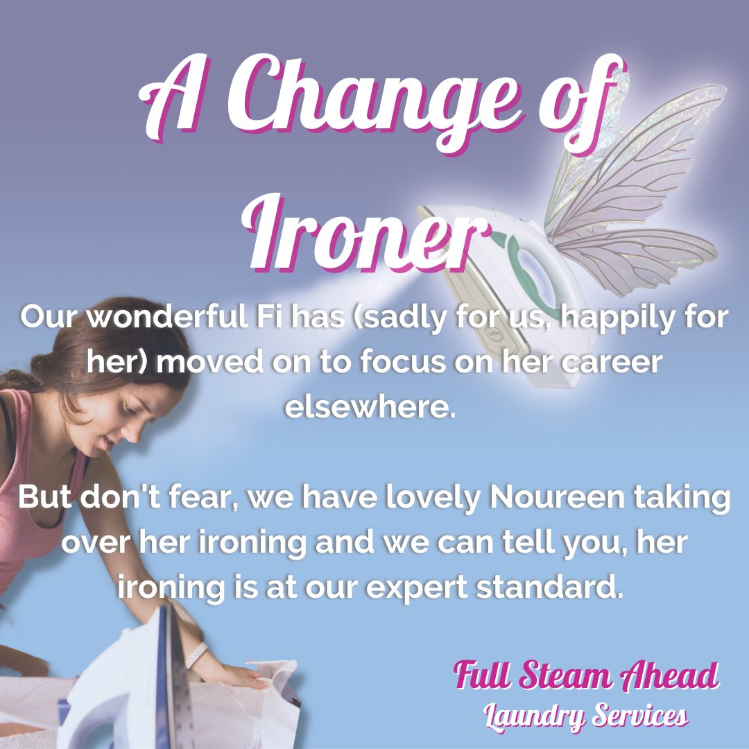 For those of you who had Fi as your Regular ironer, it is with a heavy heart ❤️ we let you know, after many, many Years, she has now hung up her iron.

We can announce your new Ironer will be Noureen who Is equally as talented and a lovely, lovely lady.

Full post on fb and insta