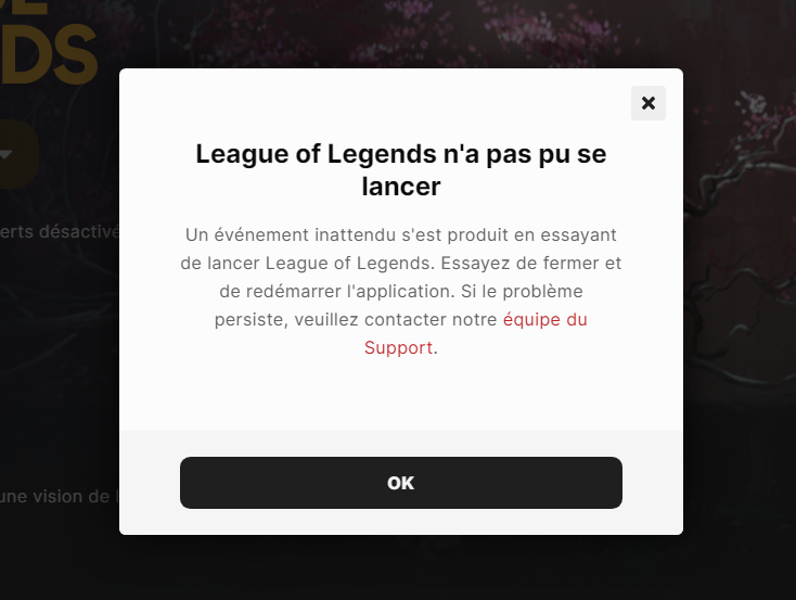 Ça fait 2j que j'ai mon client qui m'affiche ça, je ne sais pas d'où vient le problème. Quelqu'un a déjà eu ça ? j'ai testé plein de choses mais rien n'a corrigé le bug .. <a href="/RiotSupportFR/">Riot Support FR</a>