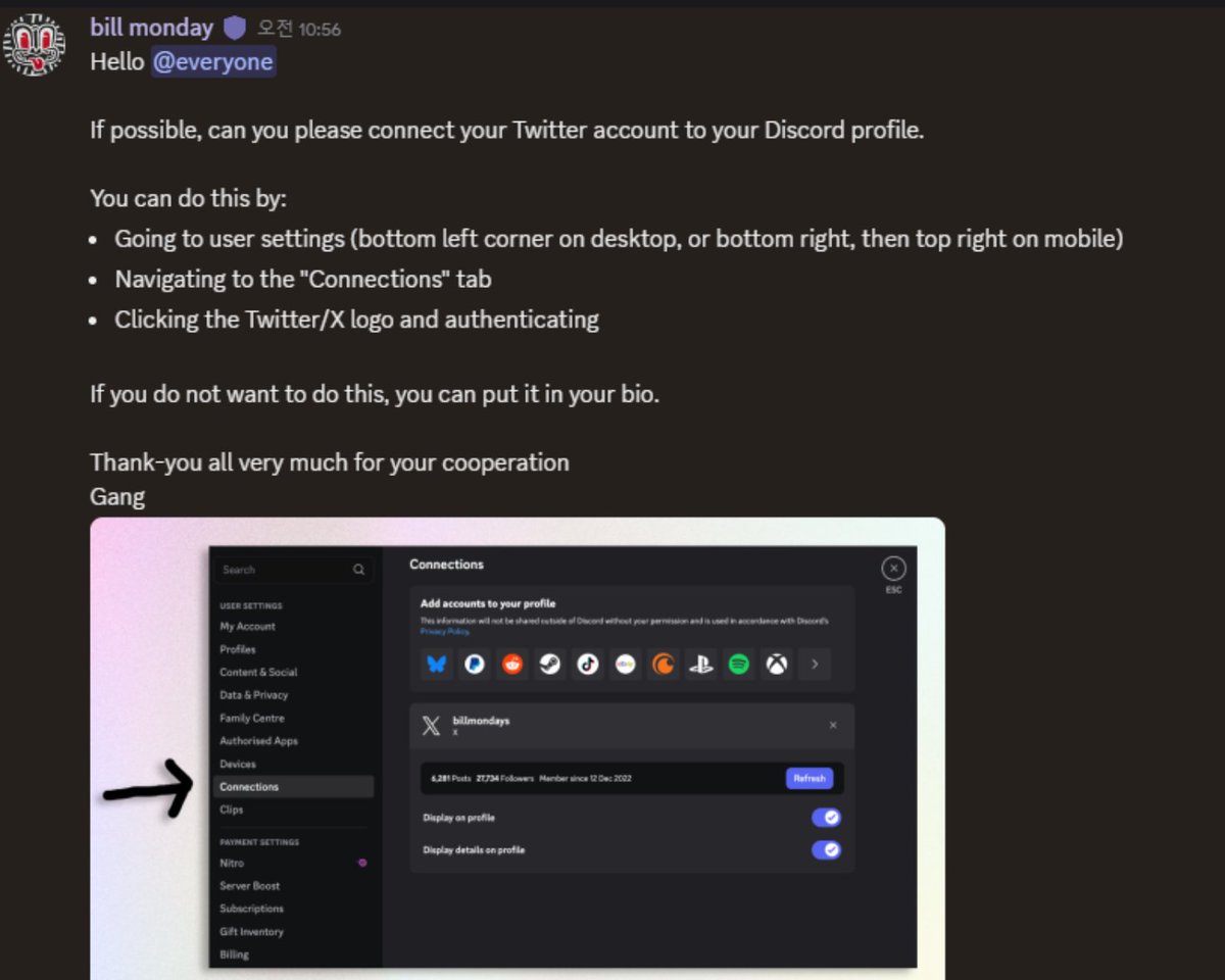 🚨New Announcement from Monad Team🚨

If you're in Monad community, please do connect your Twitter account to your Discord profile

This will help the team to differentiate and match monad community member’s activities across platforms before Mainnet 📊

<a href="/monad/">Monad ⨀</a>