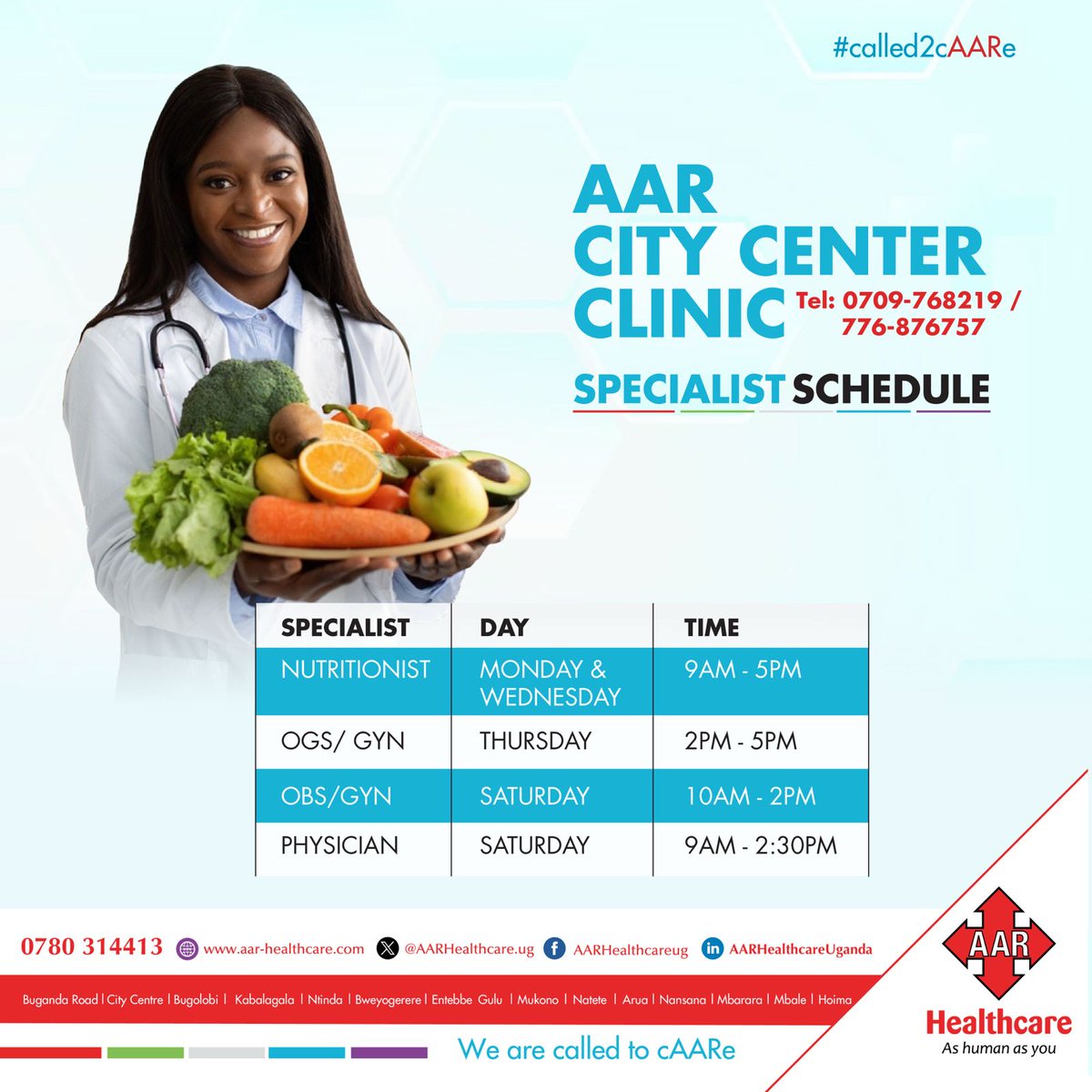 AARHealthcareUg's tweet photo. Your medical needs are closer to you than you think. Visit our clinic at City center or call to book any of our specialists below. 

#wecAARe
#AARhealthcare https://t.co/BmxxMTImDM