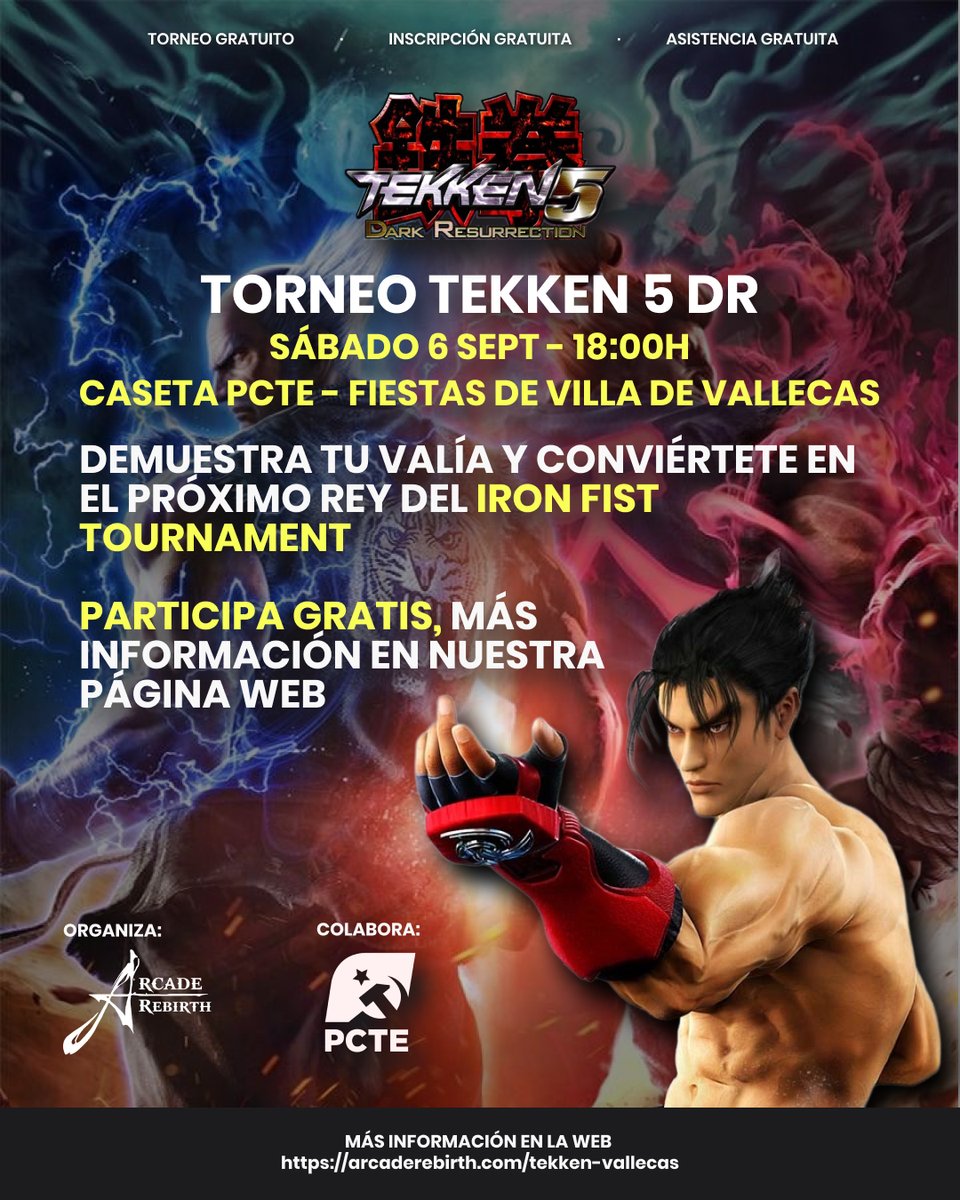 Estaremos en las fiestas de Villa de Vallecas durante los días 6 y 7 en la caseta del <a href="/pctemadrid/">PCTE Madrid</a> 
Durante ambos días ofreceremos en Free Play dos grandes clásicos: Tekken 5 y Street Fighters Alpha 3. Además el día 6 organizaremos un torneo de Tekken 5.
arcaderebirth.com/fiestas-villa-…