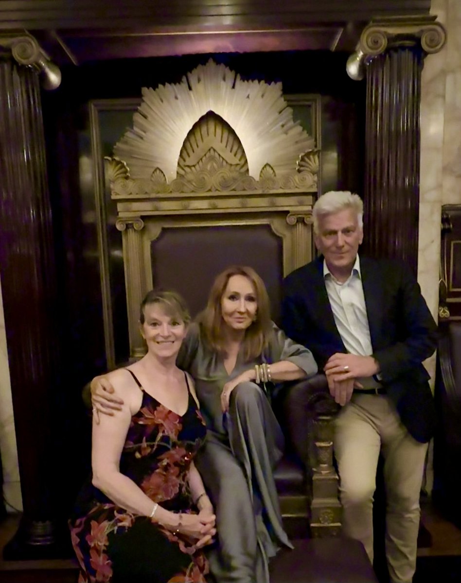 jk_rowling's tweet image. I was having too much fun to take many pics but this is me pretending to be the Worshipful Master along with the book’s dedicatees, Sean and Nadine Harris, two of my dearest friends. Sean and I were at school together and he’s NOT a Freemason (important to note, as he’s Catholic)