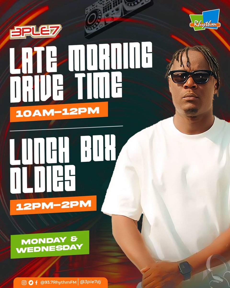 937RhythmFm's tweet photo. ๐๐จTurn your Wednesday ride into a full vibe with @3ple7dj on the set ๐ง๐ฅ
From smooth jams to pure bangers โ your late morning drive has never sounded this good.
#WednesdayDrive #3ple7Dj #ThaVaccineDj #DriveTimeEnergy https://t.co/bUSeC43NCt