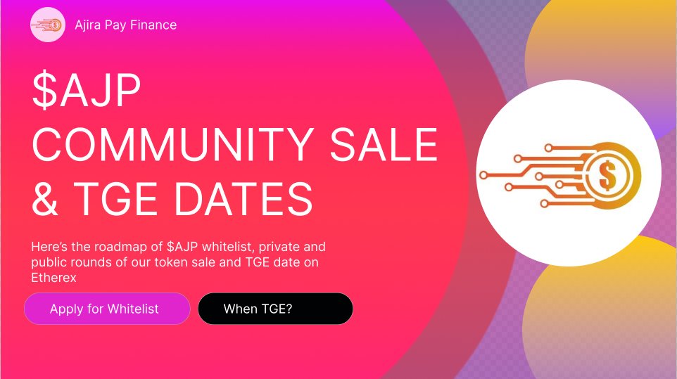 🚀 $AJP Community Sale &amp; TGE on Linea starts TODAY at midnight UTC (11:21 PM WAT)!

Whitelist opens, TGE on Sep 9. Total supply: 10M, 605K at TGE, 1M on sale.

Vesting: 25% at TGE, rest over 6 months with $ETH/$USDC on Etherex. 

Secure your spot! #Linea #DeFi #AJP
<a href="/ajiraPayDefi/">Ajira Pay Finance Official</a>