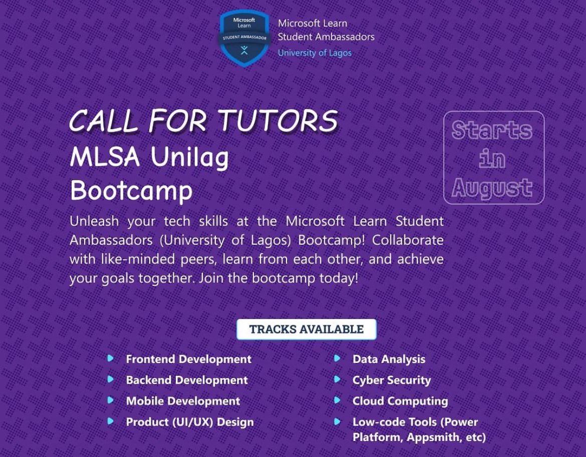 CALL FOR TECH TUTORS! 🚨

got skills in tech &amp; love teaching? join the MLSA UNILAG Bootcamp as a tutor!

Tracks: Frontend | Backend | Mobile | UI/UX | Data | Cybersecurity | Cloud | Low-code and so much more. 

grow, impact &amp; inspire minds!🚀

sign up: forms.office.com/r/8T7HNXHheq