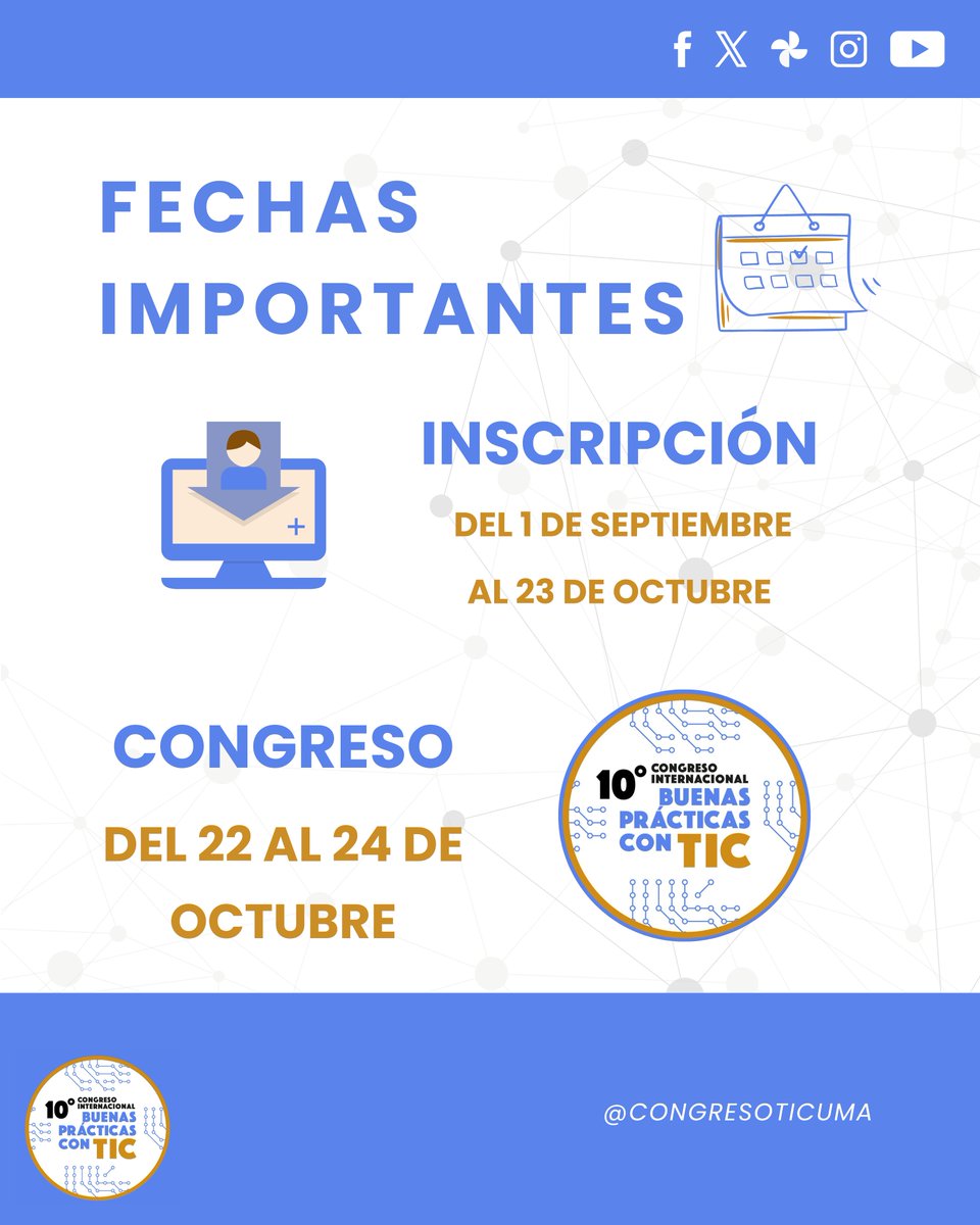 CongresoTicUMA's tweet photo. ¡Fechas importantes a recordar! 🗓️

Asegúrate de marcar estos días en tu calendario:

🗓️ Inscripción: del 1 de septiembre al 23 de octubre

🗓️ Congreso: del 22 al 24 de octubre

¡Te esperamos para transformar el futuro de las TIC!
#CongresoTicUMA #CongresoTIC2025 https://t.co/QuPU5jr4Va