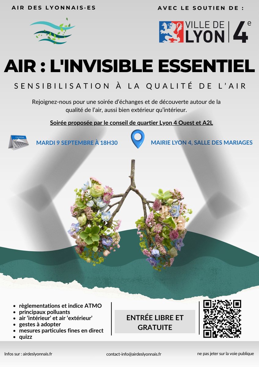 air_lyon's tweet image. Mardi 9/9 à 18h30 à la mairie du 4: sensibilisation à la qualité de l'air. Mesure de particules fines en direct #air #pollution #Lyon #lyon4