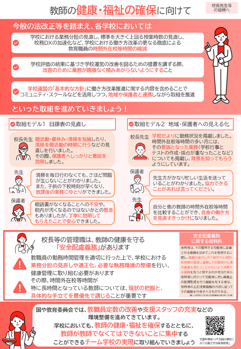 mextjapan's tweet photo. 【教育委員会・校長先生等の皆様へ】
子供たちへのより良い教育のためには、先生が毎日を元気に過ごせることが重要です。
文部科学省は、子供たちを支える全ての皆様と共に、学校における働き方改革を進めていきたいと考えています。それぞれの立場からも、取組を進めていただくようお願いします。 https://t.co/GYc4q9ks0Q